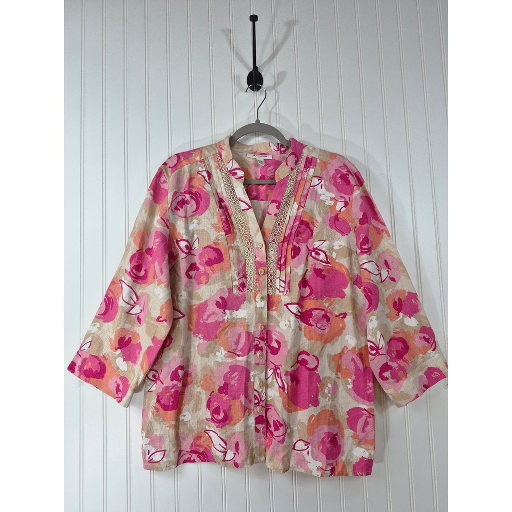 NWOT JM Women Pink Floral 100% Linen Crochet Trim Pintuck Blouse
Size 14 Flowy